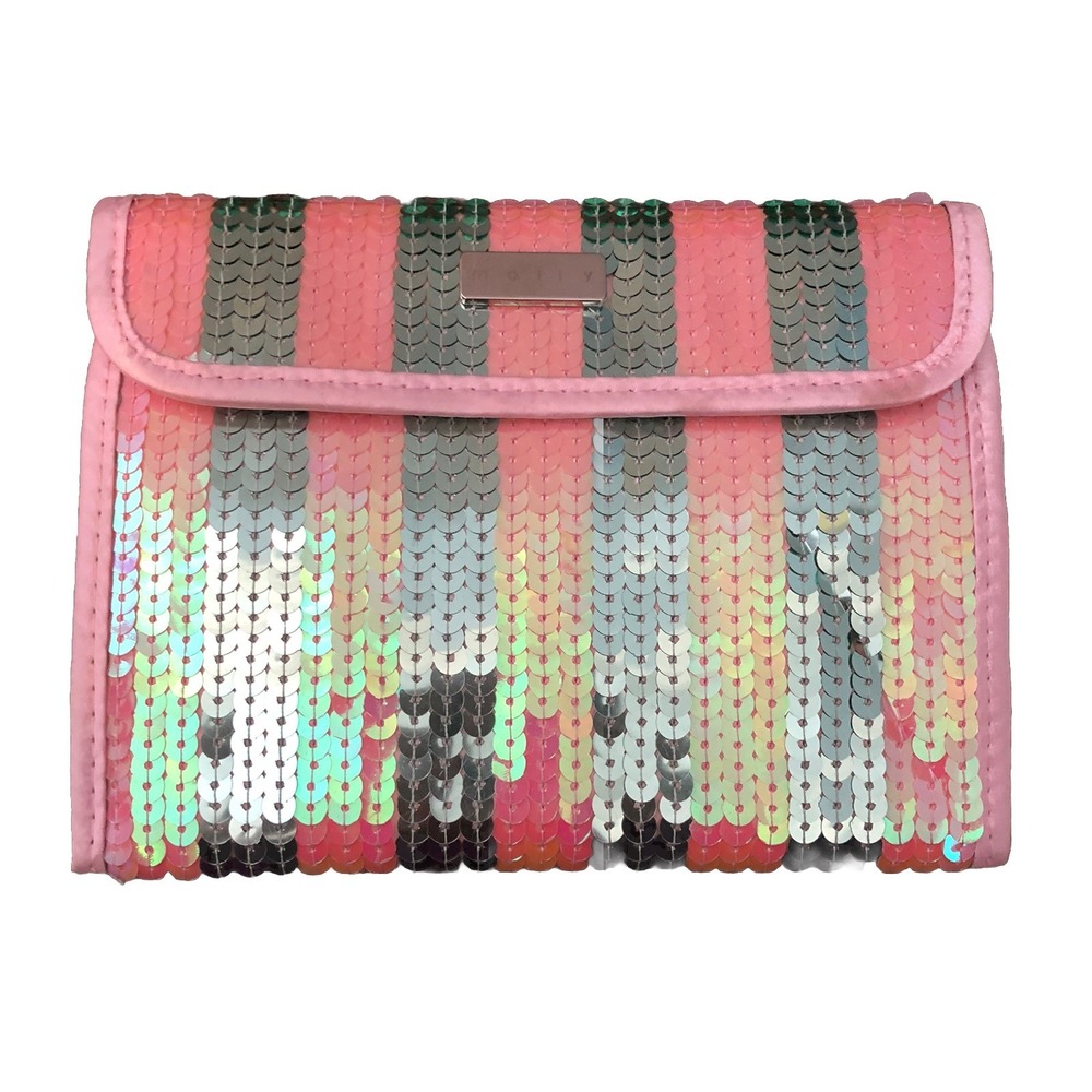 Mally Cosmetic Makeup Bag‎ Pink Grey Striped Sequins Barbie Datenight